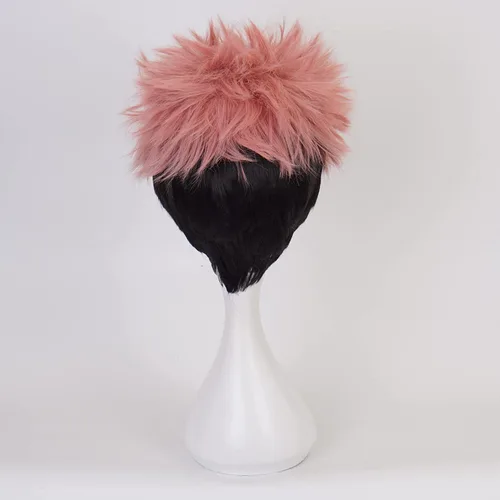 Vista 4 de Peluca de anime para cosplay de Jujutsu Kaisen Yuji Itadori rosa negro pelucas de repuesto de cabello corto para niñas y niños, fiesta, Halloween