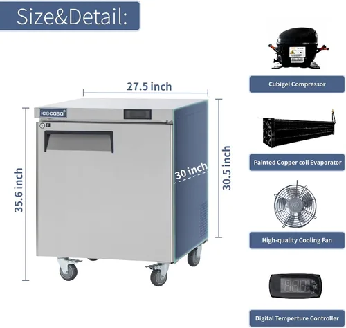 Vista 3 de ICECASA 27" de ancho Congelador comercial de encimera para debajo del mostrador de una puerta de acero inoxidable con enfriamiento por ventilador