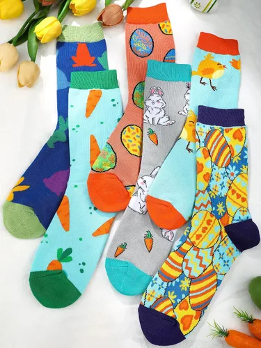 Vista 4 de Jenaai 6 pares de calcetines de Pascua para adultos, calcetines estampados novedosos con diseño de conejo, zanahoria, huevo, pollito para regalo