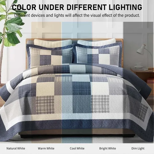 Vista 7 de KALOOLA Colchas de granja tamaño Queen – Juego de ropa de cama acolchado ligero 100% algodón, 3 piezas, colcha a cuadros estampada con 2 fundas