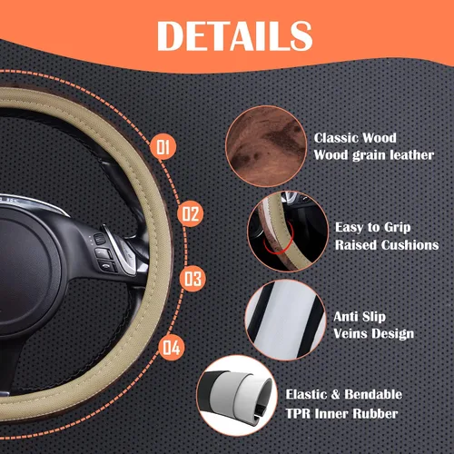 Vista 8 de CAR PASS - Funda de volante de cuero de grano de madera de 14.5-15 pulgadas de microfibra, diseño antideslizante con vetas, funda universal