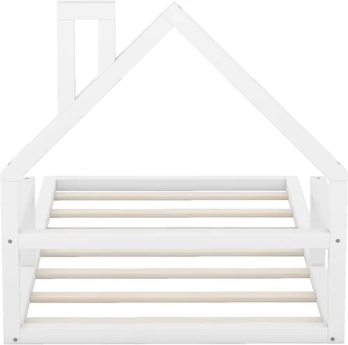 Vista 5 de P PURLOVE Base de cama de tamaño individual con cabecera en forma de casa, plataforma de madera para casa, tamaño individual con soporte de listones