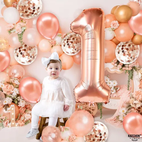 Vista 4 de Globo de oro rosa con el número 5 para cumpleaños con el globo de oro rosa del número 5 de 40 pulgadas, un globo para globos de primer cumpleaños