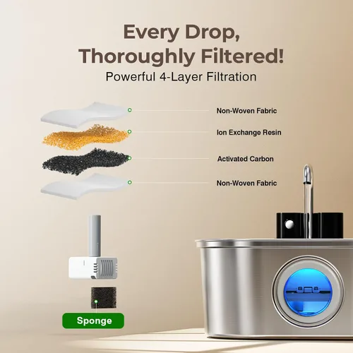 Vista 3 de PEKTACO Fuente de agua inalámbrica para gatos de acero inoxidable, de 108 oz/3.2 L, fuente de agua para mascotas sin cables operada por batería