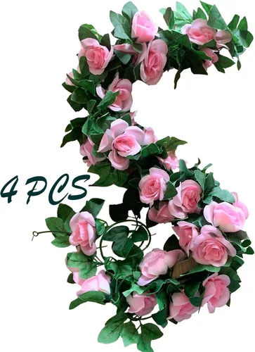 Vista 8 de Paquete de 2 guirnaldas de rosas artificiales de vid de rosas falsas, plantas y vides, decoración de hojas florales para decoración de bodas
