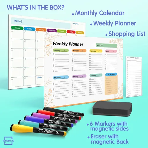 Vista 2 de Agenda mensual (paquete de 3) pizarra blanca magnética para refrigerador, calendario semanal de borrado en seco, calendario magnético