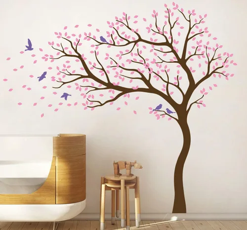 Vista 12 de Vinilo decorativo para pared de árbol grande con pájaros y hojas que soplan en el viento, adhesivo mural de bosque