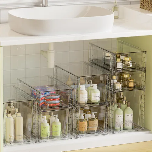 Vista 9 de Vtopmart Paquete de 3 cajones de almacenamiento apilables transparentes, organizadores de baño fáciles de montar y almacenamiento con asas, cajones
