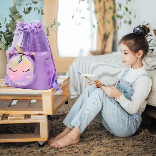 Vista 4 de Mygreen Bolsa de gimnasio con cordón para niños pequeños, linda caricatura, animales del zoológico, mochila deportiva