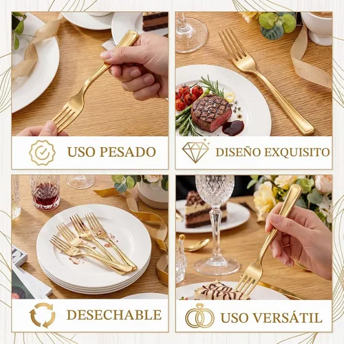 Vista 9 de WDF 100 tenedores de plástico dorado – Tenedores resistentes y duraderos desechables de 7.4 pulgadas – Elegantes tenedores dorados para postre