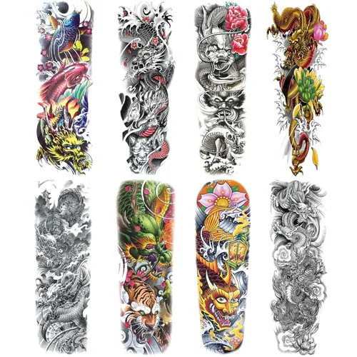 Vista 9 de Adhesivos de manga de tatuajes falsos de lobo león, brazo completo, dragón animal, tribal, mangas temporales de tatuaje para hombres, mujeres