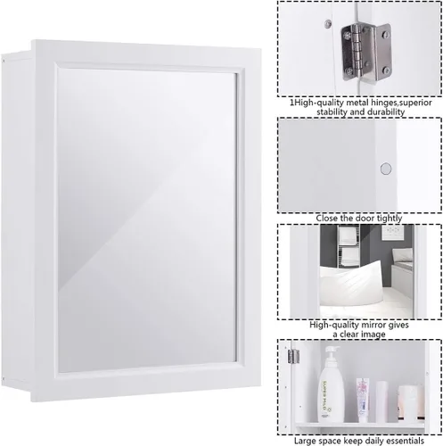 Vista 7 de FUTADA - Botiquín de baño con espejo, organizador de almacenamiento montado en la pared, estante ajustable y puerta individual, gabinete de espejo
