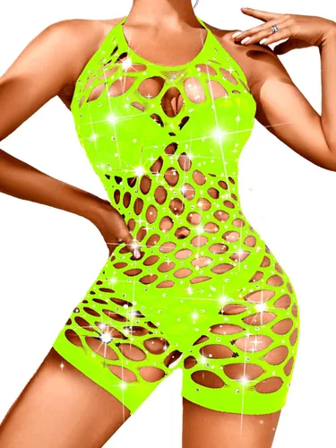 Vista 7 de Kaei&Shi Body brillante de red con diamantes de imitación, trajes de rave, lencería halter Verde oscuro
