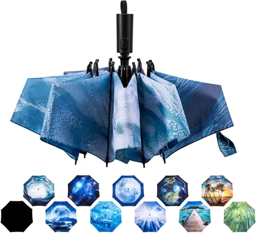 Vista 67 de LANBRELLA Paraguas plegable inverso compacto paraguas de viaje a prueba de viento automático