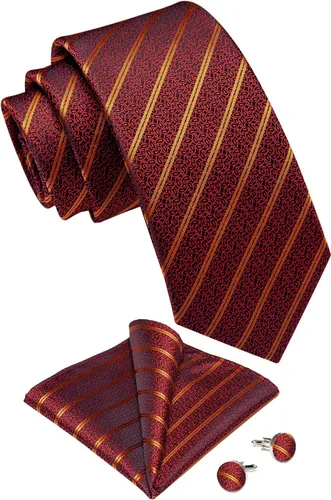 Vista 3 de DiBanGu Juego de corbata a rayas para hombre, corbata tejida de seda a cuadros y gemelos cuadrados de bolsillo, negocios y bodas