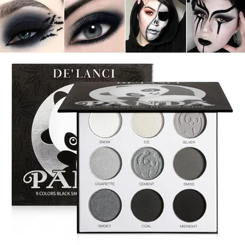 Vista 9 de Paleta de sombras de ojos roja y negra, maquillaje gótico rojo de Halloween Paleta de sombras de ojos negra con brillo plateado y purpurina, crema