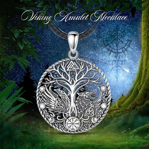 Vista 7 de Vito Collares vikingos de plata de ley 925 para mujeres y hombres, árbol nórdico de la vida, Odín, martillo de Thor, lobo, dragón, cuervo, caballo