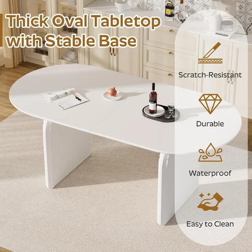 Vista 4 de Juego de mesa de comedor ovalada moderna de 70 pulgadas con 6 sillas de tela Boucle, mesa de MDF y base resistente a rayas, muebles de cocina