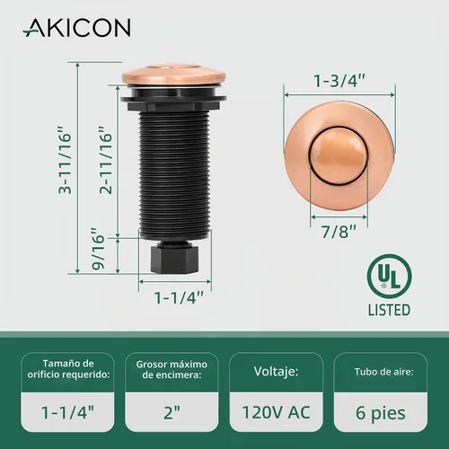 Vista 2 de Akicon Kit de interruptor de aire de cocina de eliminación de basura de cobre, kit de interruptor de encendido/apagado de eliminación de residuos