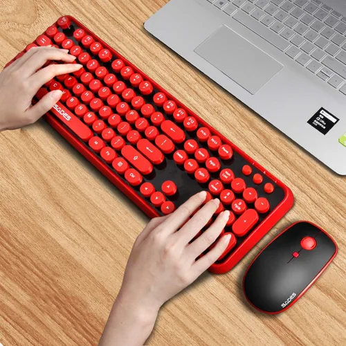 Vista 6 de Combo de teclado inalámbrico, teclado inalámbrico de 2.4 GHz, teclado retro de computadora de oficina de tamaño completo Letton y mouse inalámbrico