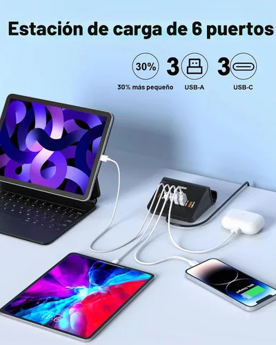 Vista 2 de Estación de carga USB C 35W, VHBW de 6 puertos (3 USB-C y 3 USB-A) Estación de carga rápida de escritorio para iPhone 14/13/12, Samsung Galaxy