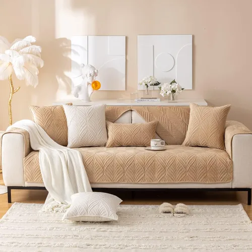 Vista 2 de vctops Fundas acolchadas de terciopelo súper suave para sofá y sillón, funda antideslizante para sofá seccional con patrón de hojas, forro de sofá