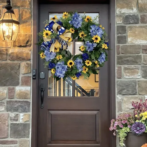 Vista 3 de Corona de primavera con bandera de Ucrania, girasol, decoración de primavera, corona ucraniana azul y amarilla para decoración del hogar, porche