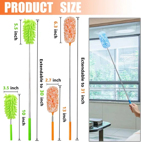Vista 2 de 4 piezas Plumeros de Pluma de Microfibra Extensibles y Lavables, Alcance de 13" a 30", Herramienta de Limpieza de Microfibra, Plumeros Pequeños