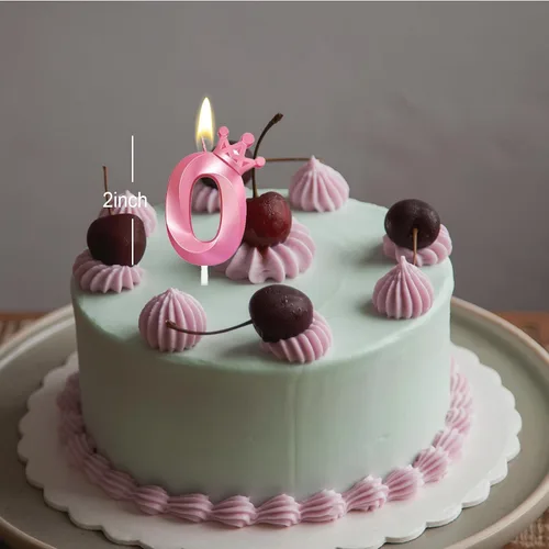 Vista 2 de Vela rosa de cumpleaños número 0, decoración temática rosa para niñas, velas de números diseñadas con corona 3D para decoración de pastel