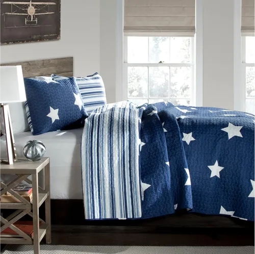 Vista 4 de Lush Decor Edredón de estrellas – Juego de ropa de cama reversible de 2 piezas con patrón a rayas con funda de almohada – Full/Queen – Azul marino