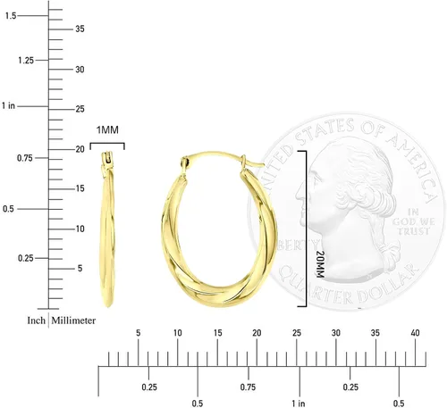 Vista 4 de Aretes de aro ovalados ligeros de oro amarillo de 14 quilates de 0.079 x 0.669 in-26 mm