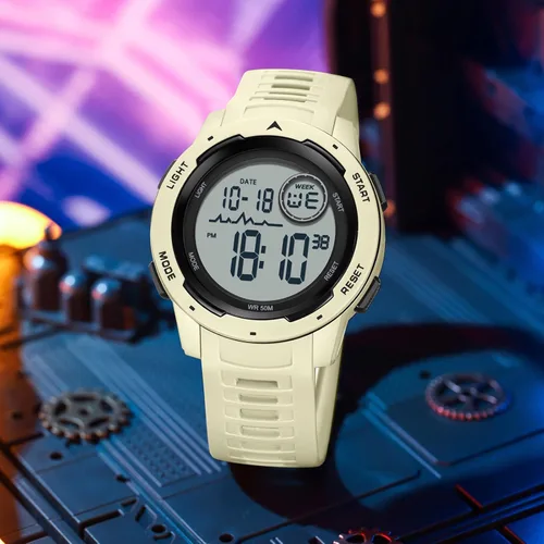 Vista 3 de Reloj deportivo digital rojo para hombre, reloj para hombre, táctico, militar, 5ATM, resistente al agua, para hombre, con luz LED, alarma, fecha