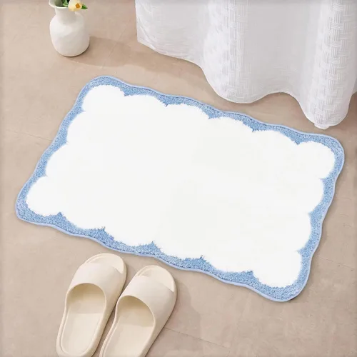 Vista 7 de Bonitos tapetes de baño festoneados, antideslizantes, lavables a máquina, suaves, para ducha, bañera, cocina, 24 x 17 pulgadas, color azul