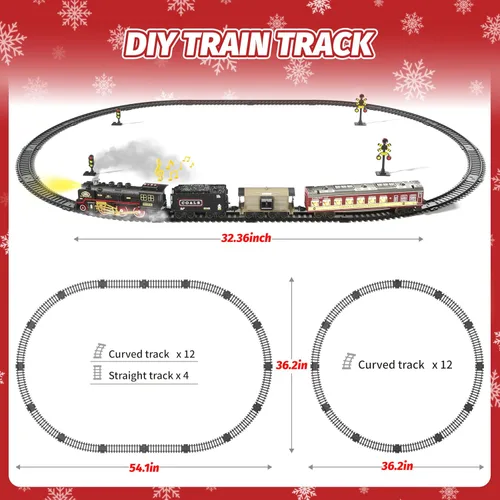 Vista 3 de Funwee Juguete de tren eléctrico con humo, luces y sonido, juego de tren para debajo del árbol de Navidad, modelo de tren de locomotora con pista
