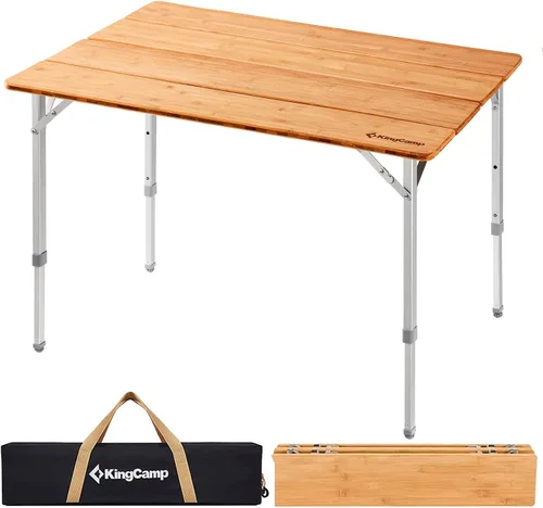 Vista 10 de KingCamp Mesa plegable de altura ajustable, 4 pliegues de bambú para acampar al aire libre, mesa de campamento portátil con bolsa de transporte