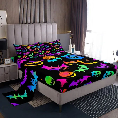 Vista 17 de Lindas sábanas de murciélagos tamaño individual, juego de sábanas de Feliz Halloween para niños y niñas, Kawaii cielo estrellado estrellas luna