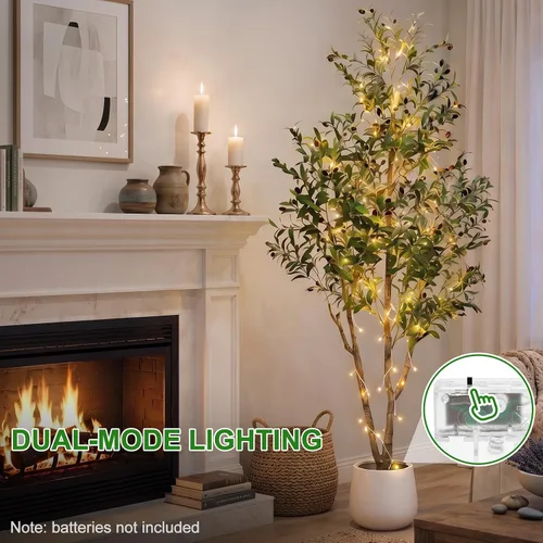 Vista 9 de Árbol de olivo artificial de 7 pies con luces y maceta, planta alta