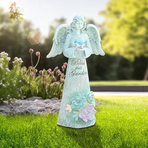 Vista 2 de Estatua de jardín de ángeles, decoración al aire libre, jardín de ángel sosteniendo pájaro con luces solares, regalos de jardinería para mamá