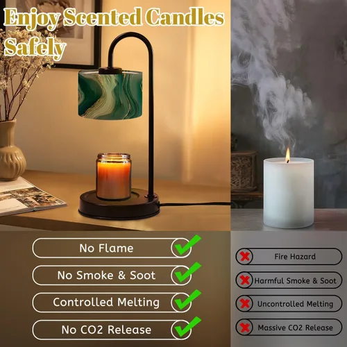 Vista 3 de Lámpara calentadora de velas con temporizador y atenuador, ágata fluida de mármol abstracto con textura de rayas doradas, mármol verde, ágata