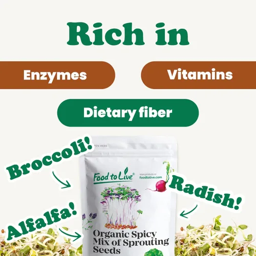 Vista 5 de Mezcla orgánica picante de semillas germinantes, 1.5 libras, brócoli sin OMG, rábano, alfalfa, crudo, tasa de germinación rica, no irradiada, pura