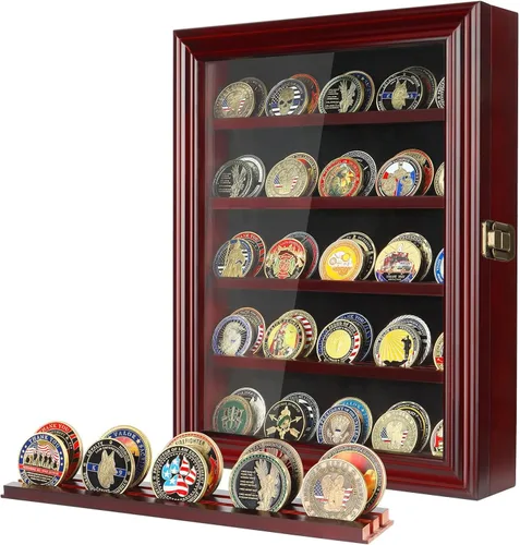 Vista 9 de ASmileIndeep - Expositor de monedas de desafío militar con estuche de vidrio templado HD y montaje en pared, soporte de monedas de madera