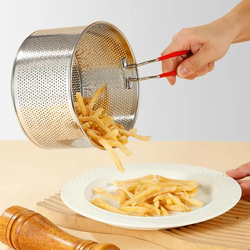 Vista 5 de Colador de acero inoxidable, colador de pasta de metal microperforado con gancho y mango extraíble, colador colador colador para cocina papas