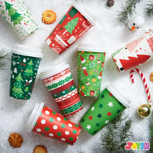 Vista 7 de JOYIN 24 vasos de papel desechables de Navidad, vasos de fiesta de Navidad de 16 onzas con mangas y tapas, 8 diseños de vasos de café de Navidad