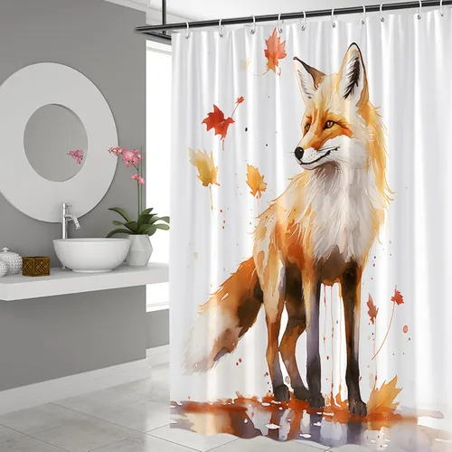 Vista 3 de Cortina de ducha con diseño de zorro, animales del bosque, arce, dibujados a mano, garabatos dibujados a mano, estilo pintura al óleo, juego de baño