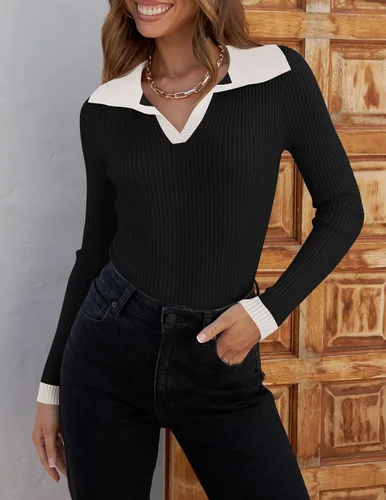 Vista 8 de ZESICA Suéteres para mujer 2024 de manga larga con cuello en V y punto acanalado, camisetas básicas de corte ajustado
