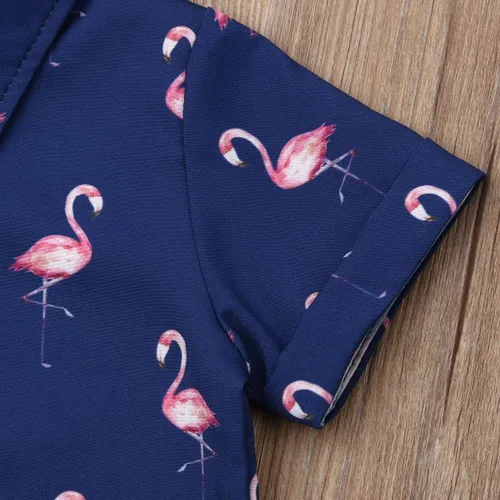 Vista 5 de Conjunto de camisa de manga corta con botones y pantalones cortos casuales con diseño de flamingo, para bebés y niños de 1 a 6 años, atuendos
