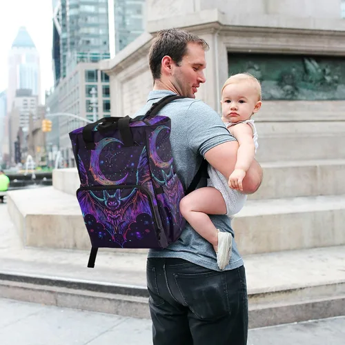 Vista 7 de senya Mochila para pañales, bolsa de viaje multifunción con diseño de murciélago de neón para mamás y papás, Murciélago 1, Compacto