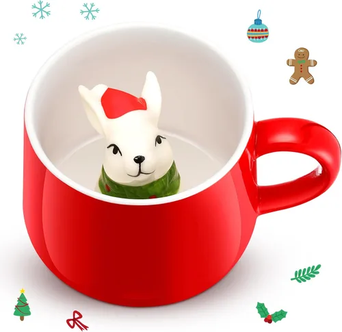 Vista 10 de Sliner Divertidas tazas de Navidad en 3D con animal en el interior, 13.5 onzas, hechas a mano, taza de café de cerámica, bonita figura de dibujos