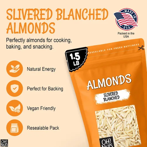 Vista 5 de Oh! Nuts Almendras blanqueadas plateadas – crudas – 100% naturales – 1.5 libras – Palitos de almendras blancas – Empaquetados en bolsa con cierre