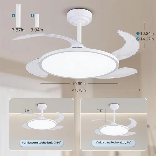 Vista 2 de AHAWILL Ventilador de techo retráctil con luces y control remoto, 42'' Fandelier ventilador de techo con espectro completo regulable, ajuste